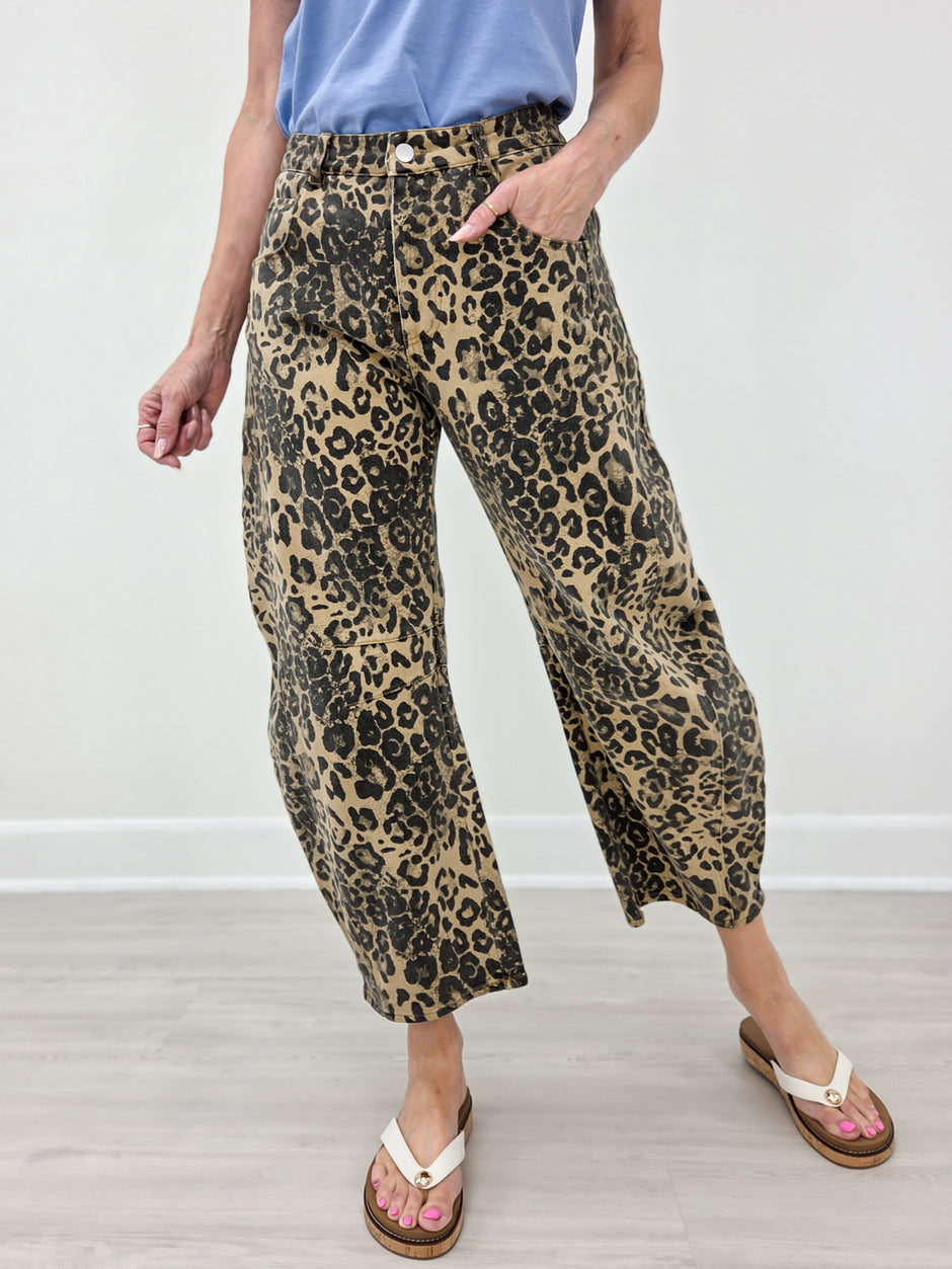 Leopard Print Mid-Rise Barrel Twill Pants