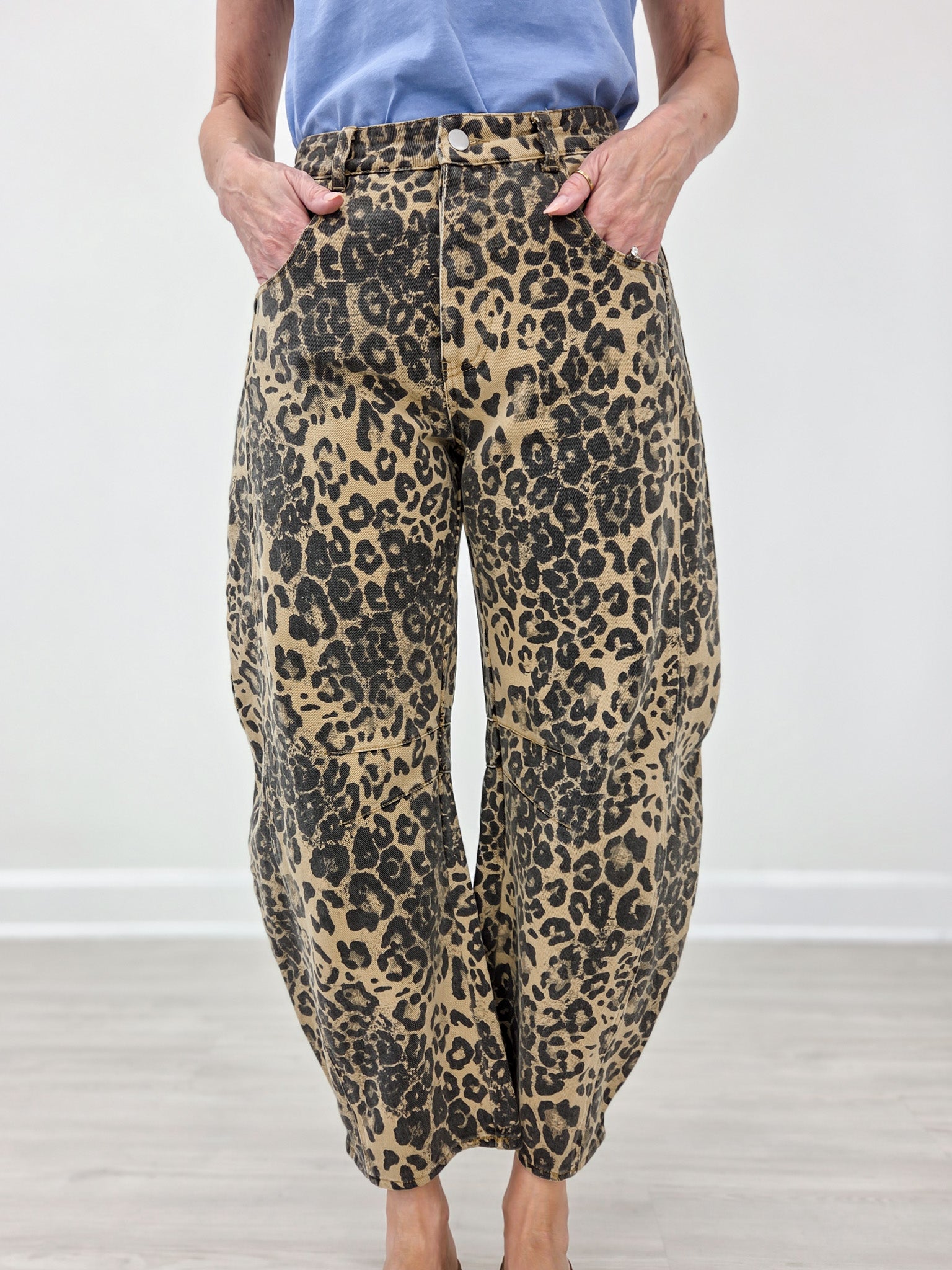 Leopard Print Mid-Rise Barrel Twill Pants