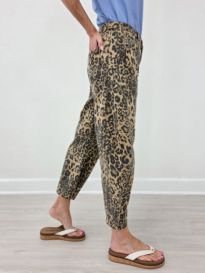 Leopard Print Mid-Rise Barrel Twill Pants