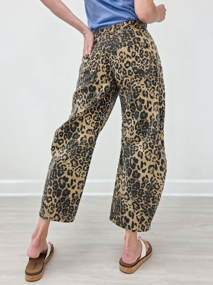 Leopard Print Mid-Rise Barrel Twill Pants