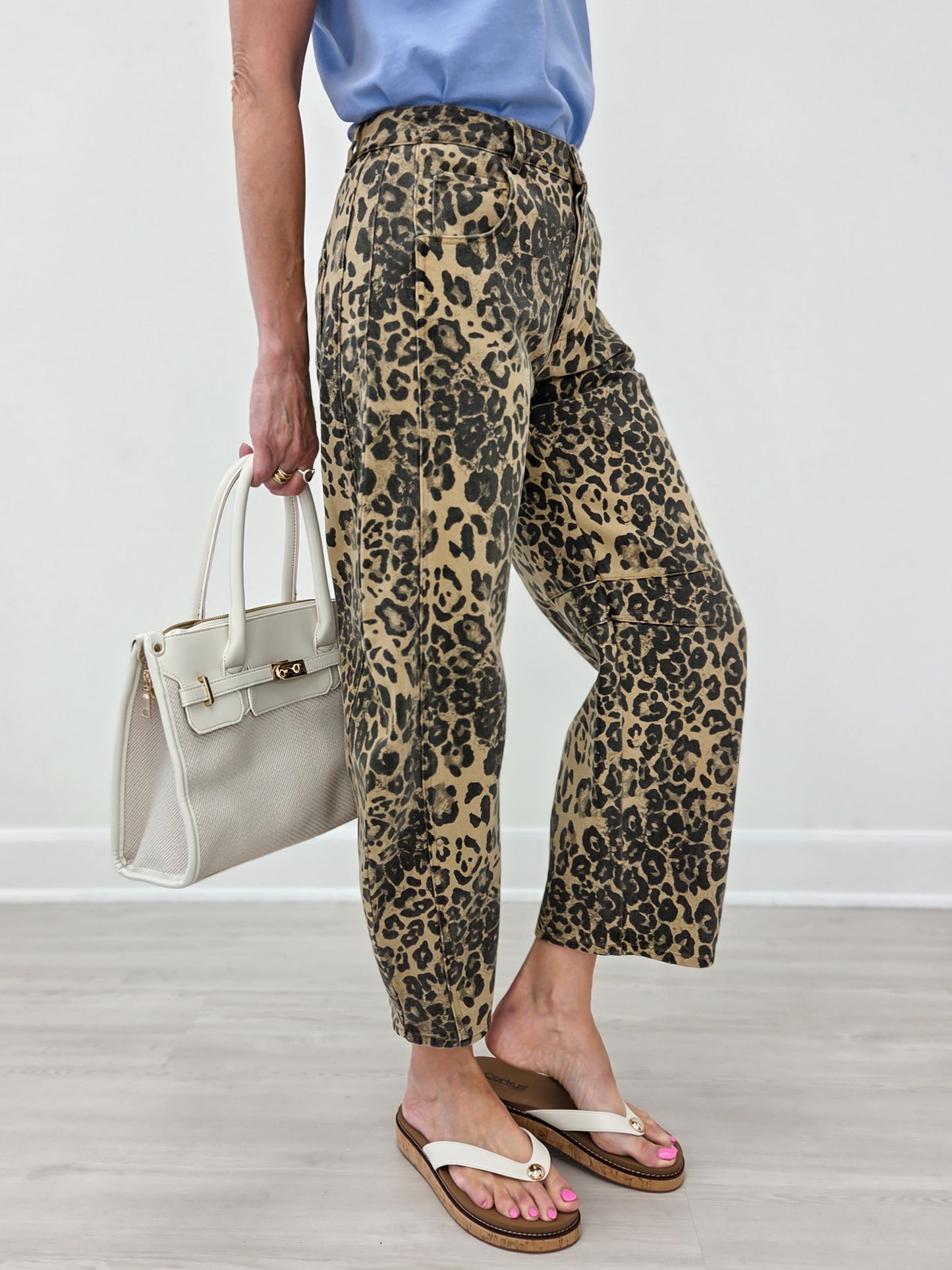 Leopard Print Mid-Rise Barrel Twill Pants