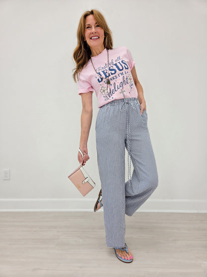 Mid Rise WHITE and NAVY Checkered Print Straight Leg Pants