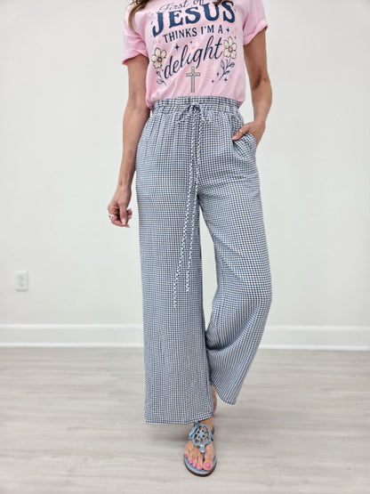 Mid Rise WHITE and NAVY Checkered Print Straight Leg Pants