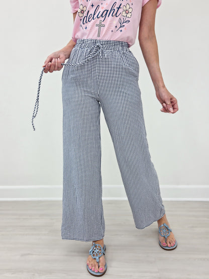 Mid Rise WHITE and NAVY Checkered Print Straight Leg Pants