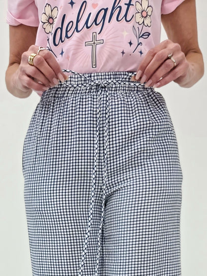 Mid Rise WHITE and NAVY Checkered Print Straight Leg Pants
