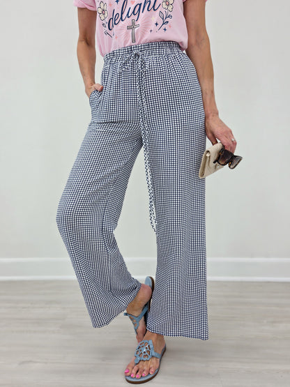 Mid Rise WHITE and NAVY Checkered Print Straight Leg Pants