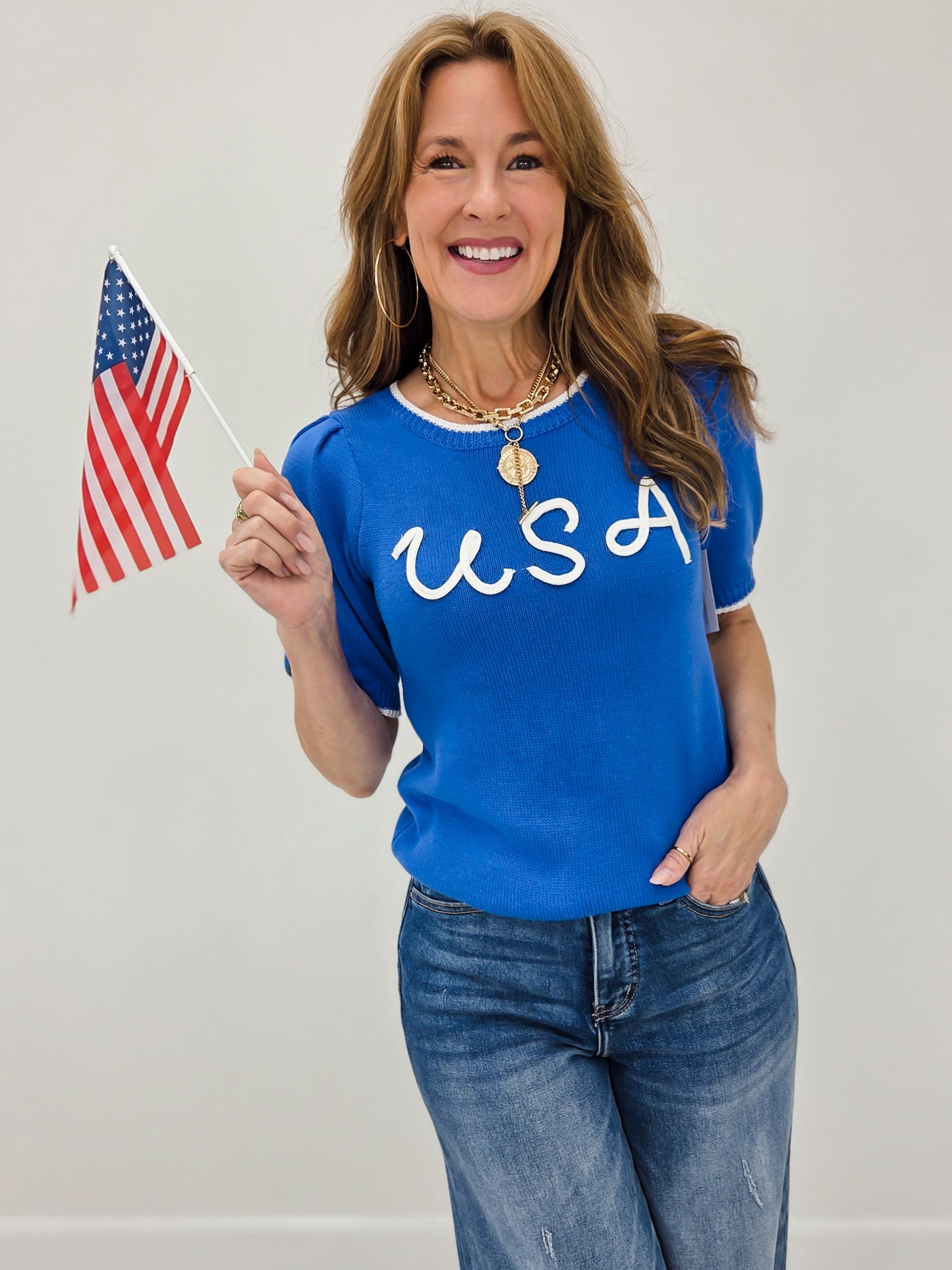 USA Stitched Lettering Color Trim Puff Sleeve Top
