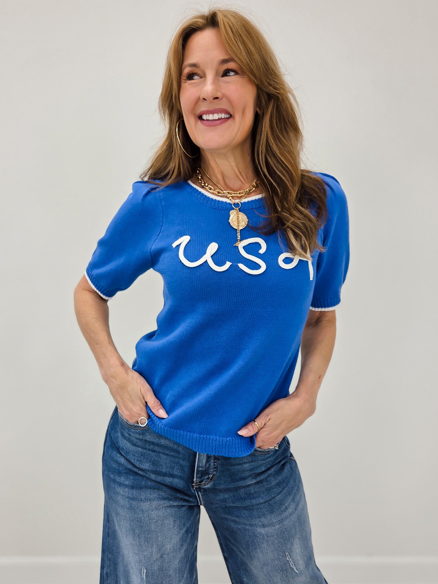 USA Stitched Lettering Color Trim Puff Sleeve Top