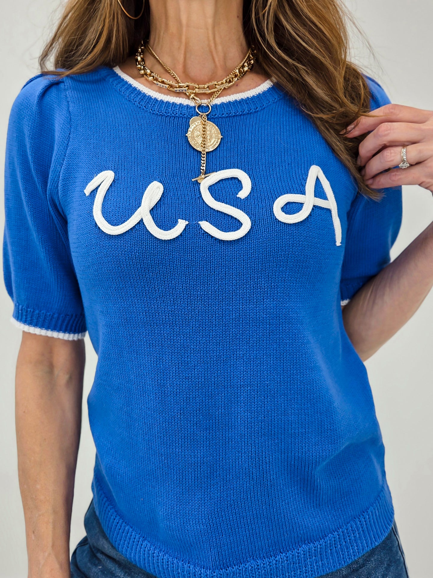 USA Stitched Lettering Color Trim Puff Sleeve Top