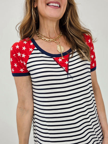 Short Sleeve Stripe And Star Top With Stitch Detail