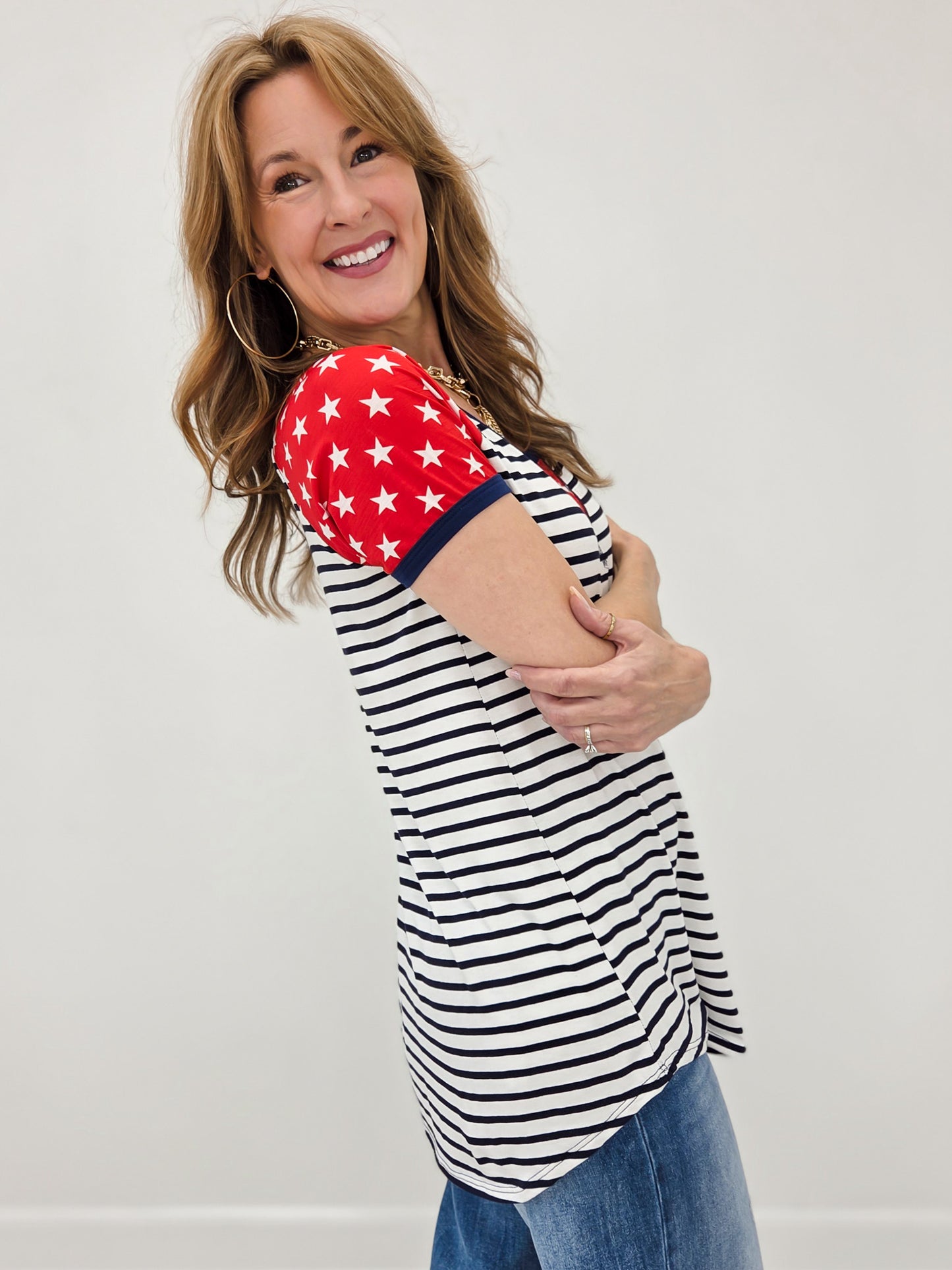 Short Sleeve Stripe And Star Top With Stitch Detail