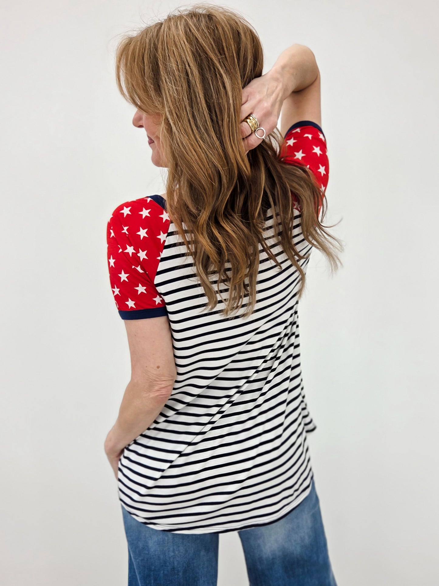 Short Sleeve Stripe And Star Top With Stitch Detail