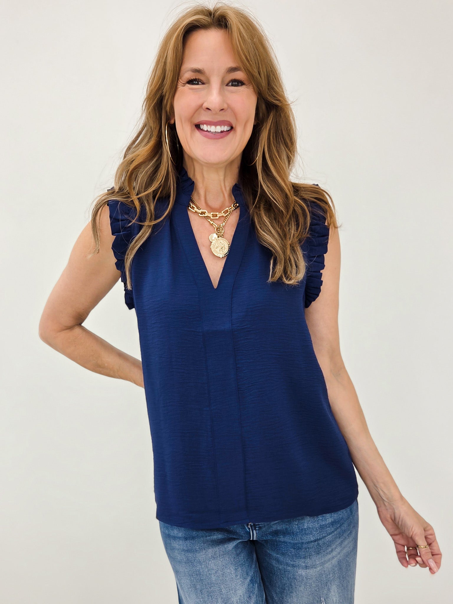 Sleeveless Flutter Sleeve Top with V-Neckline in Dark Navy