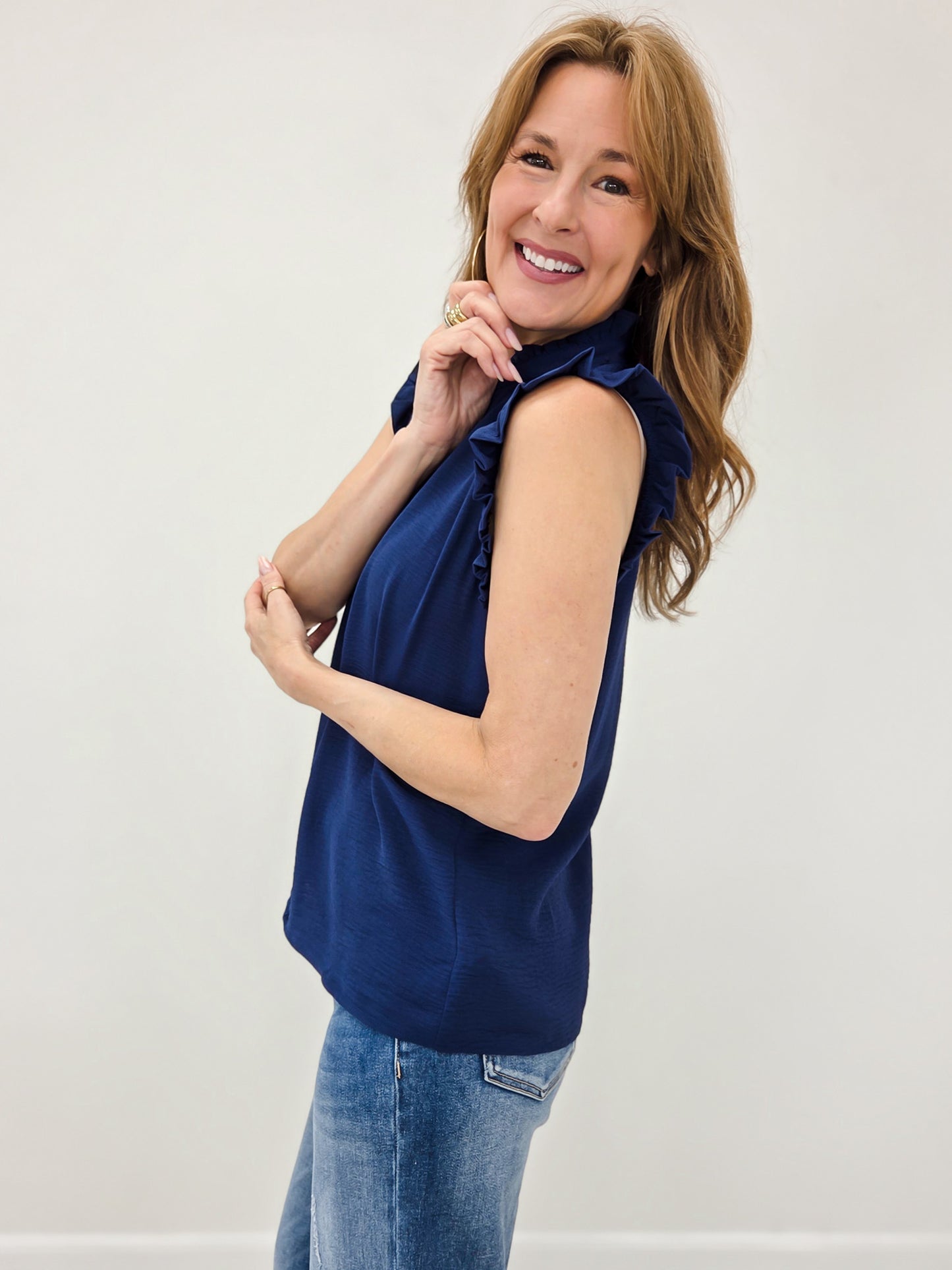 Sleeveless Flutter Sleeve Top with V-Neckline in Dark Navy