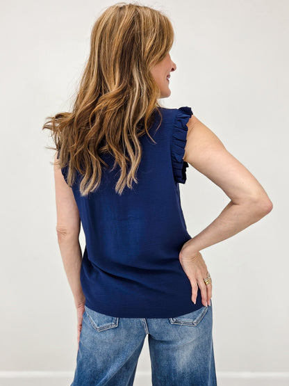 Sleeveless Flutter Sleeve Top with V-Neckline in Dark Navy
