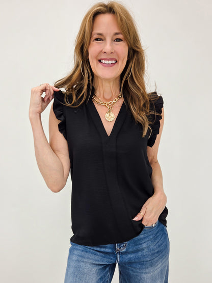 Sleeveless Flutter Sleeve Top with V-Neckline in Black