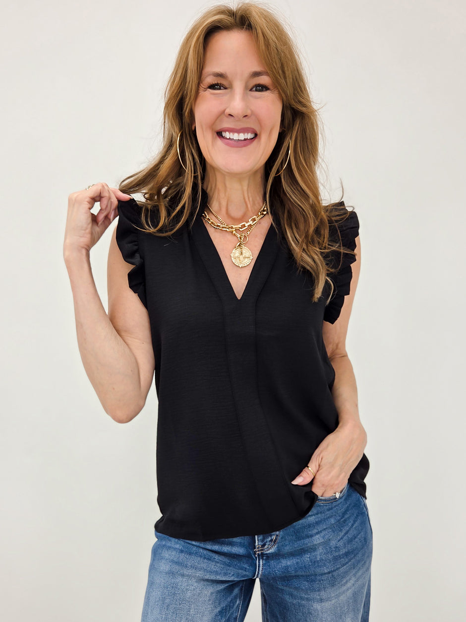 Sleeveless Flutter Sleeve Top with V-Neckline in Black