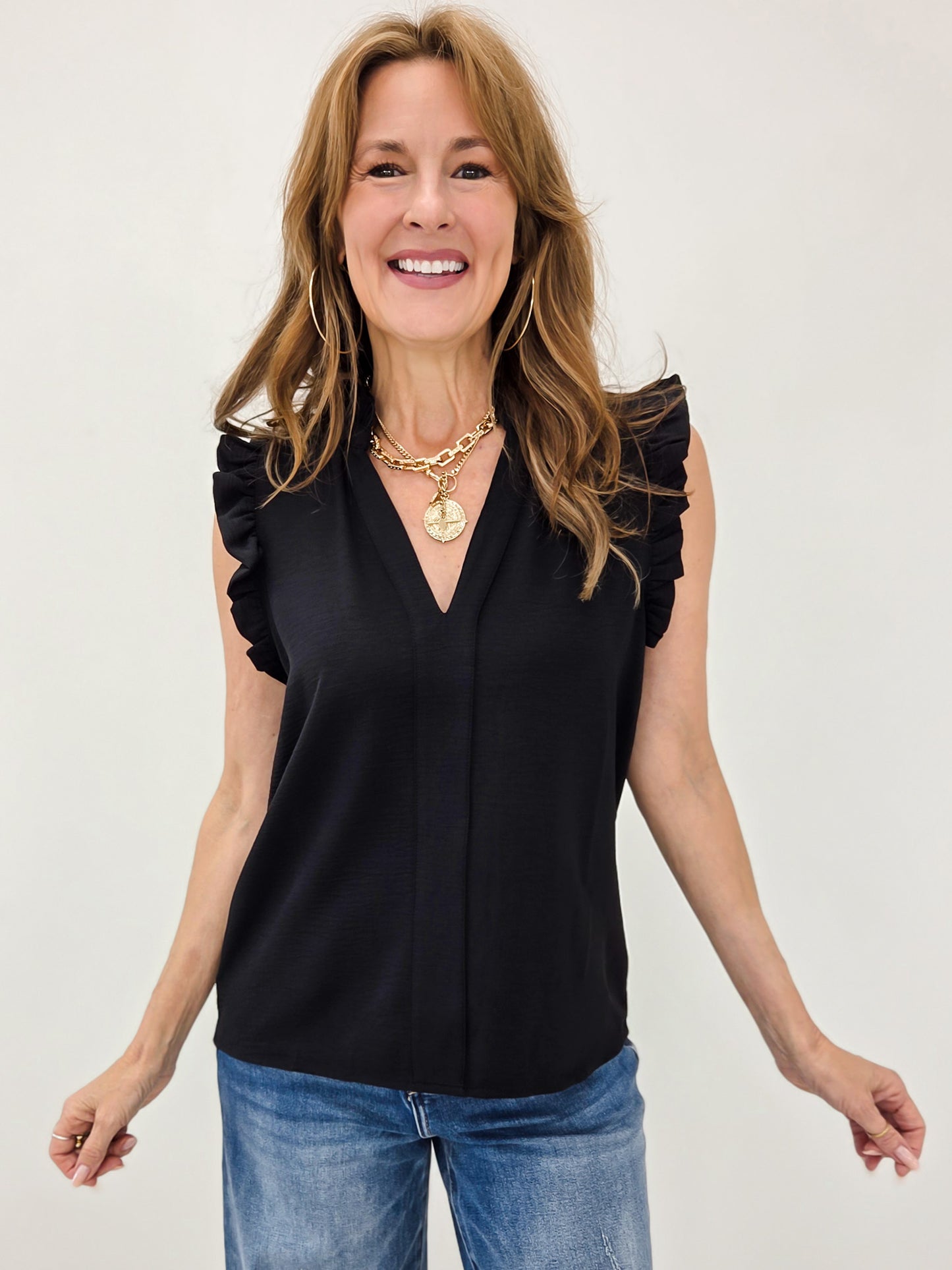 Sleeveless Flutter Sleeve Top with V-Neckline in Black