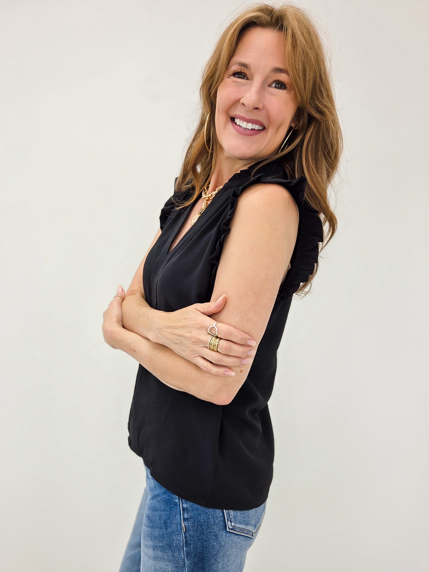 Sleeveless Flutter Sleeve Top with V-Neckline in Black