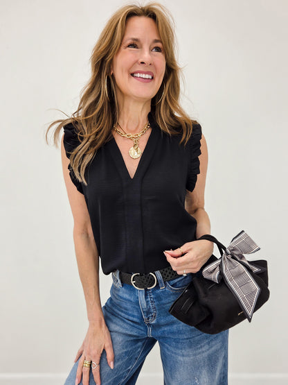 Sleeveless Flutter Sleeve Top with V-Neckline in Black