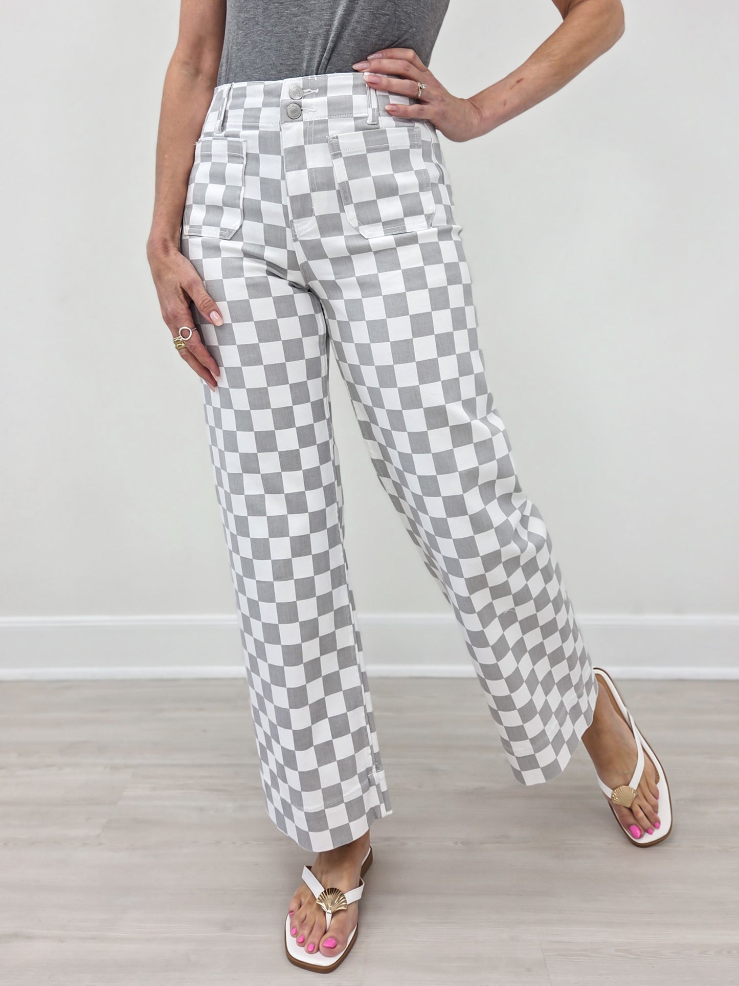 Mica Denim High-Rise Wide Leg Ankle Chess Print Jeans