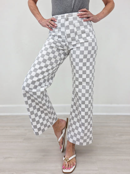 Mica Denim High-Rise Wide Leg Ankle Chess Print Jeans