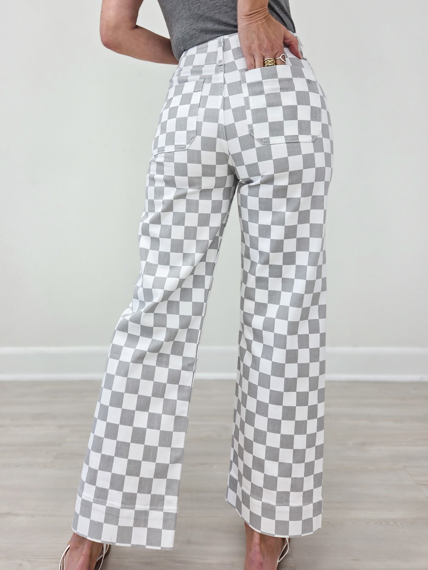 Mica Denim High-Rise Wide Leg Ankle Chess Print Jeans