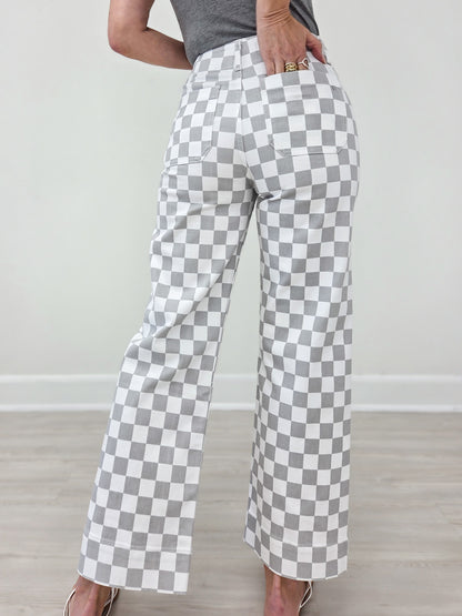 Mica Denim High-Rise Wide Leg Ankle Chess Print Jeans