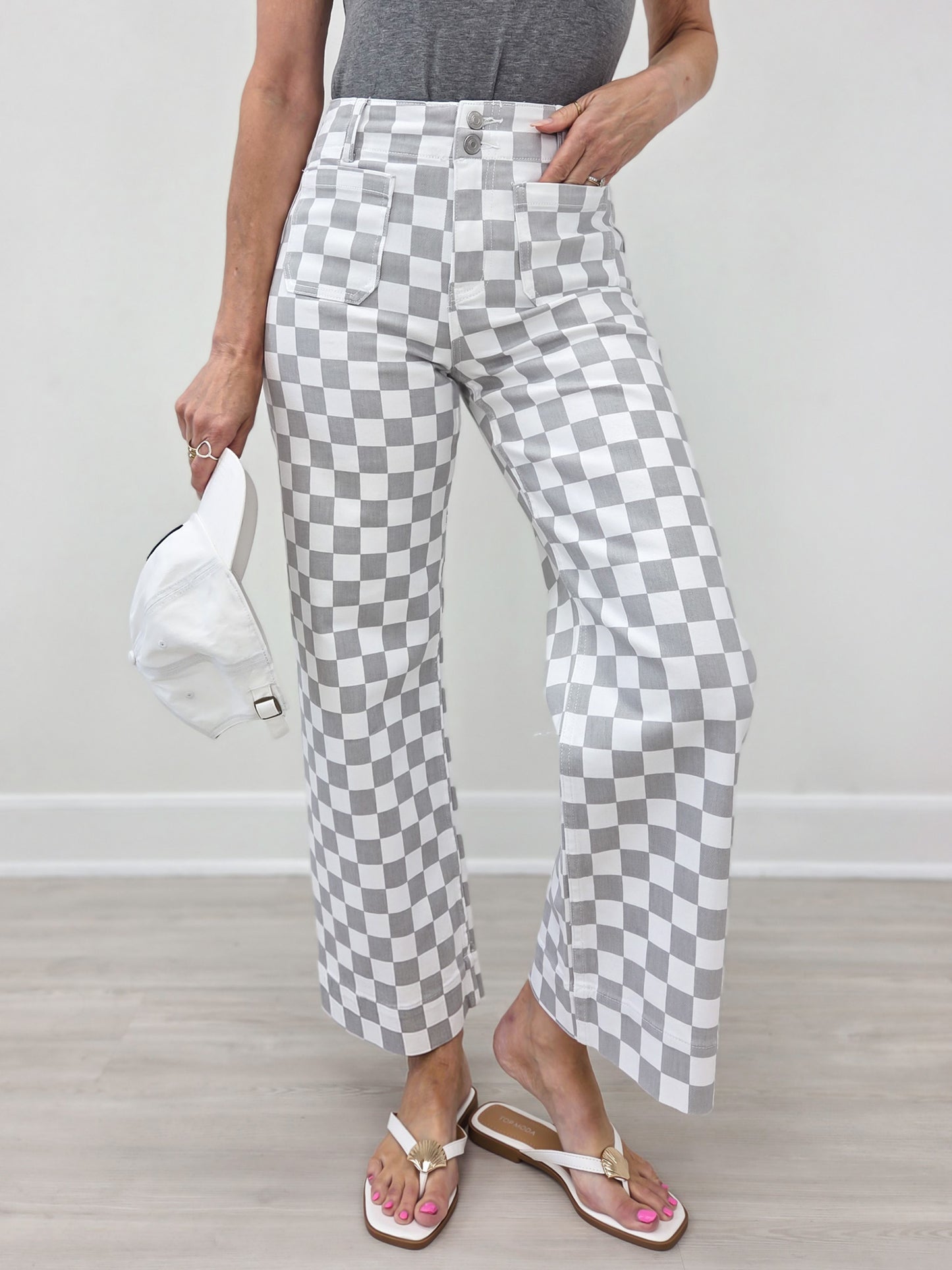 Mica Denim High-Rise Wide Leg Ankle Chess Print Jeans