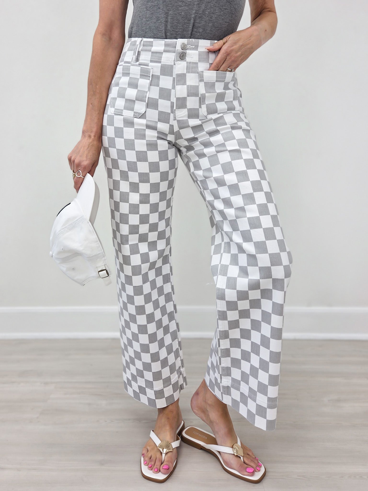 Mica Denim High-Rise Wide Leg Ankle Chess Print Jeans