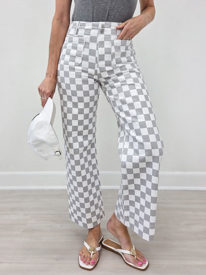 Mica Denim High-Rise Wide Leg Ankle Chess Print Jeans