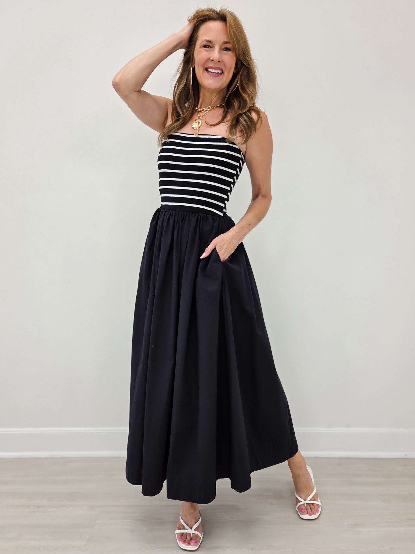Striped Strapless Flowy Midi Dress