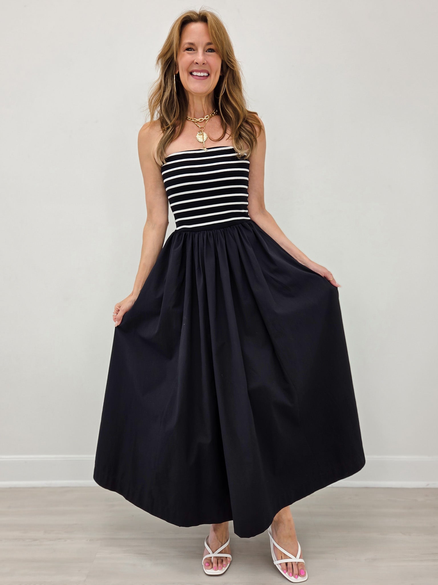 Striped Strapless Flowy Midi Dress