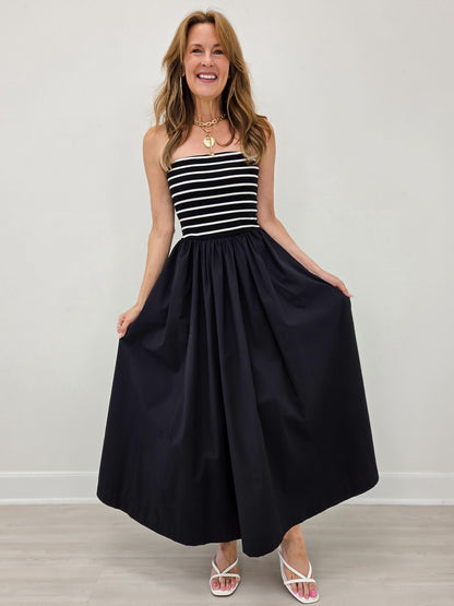 Striped Strapless Flowy Midi Dress
