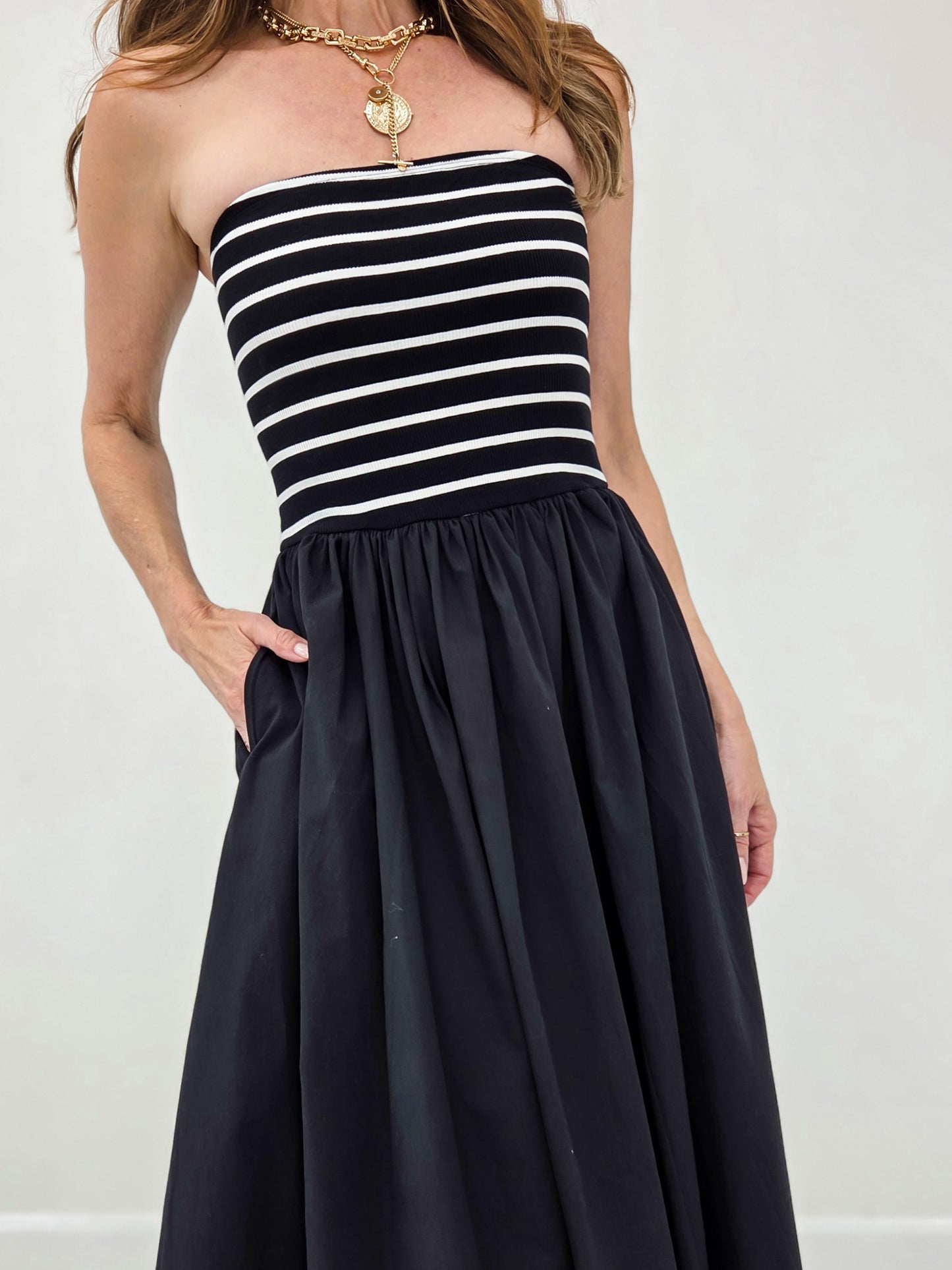Striped Strapless Flowy Midi Dress
