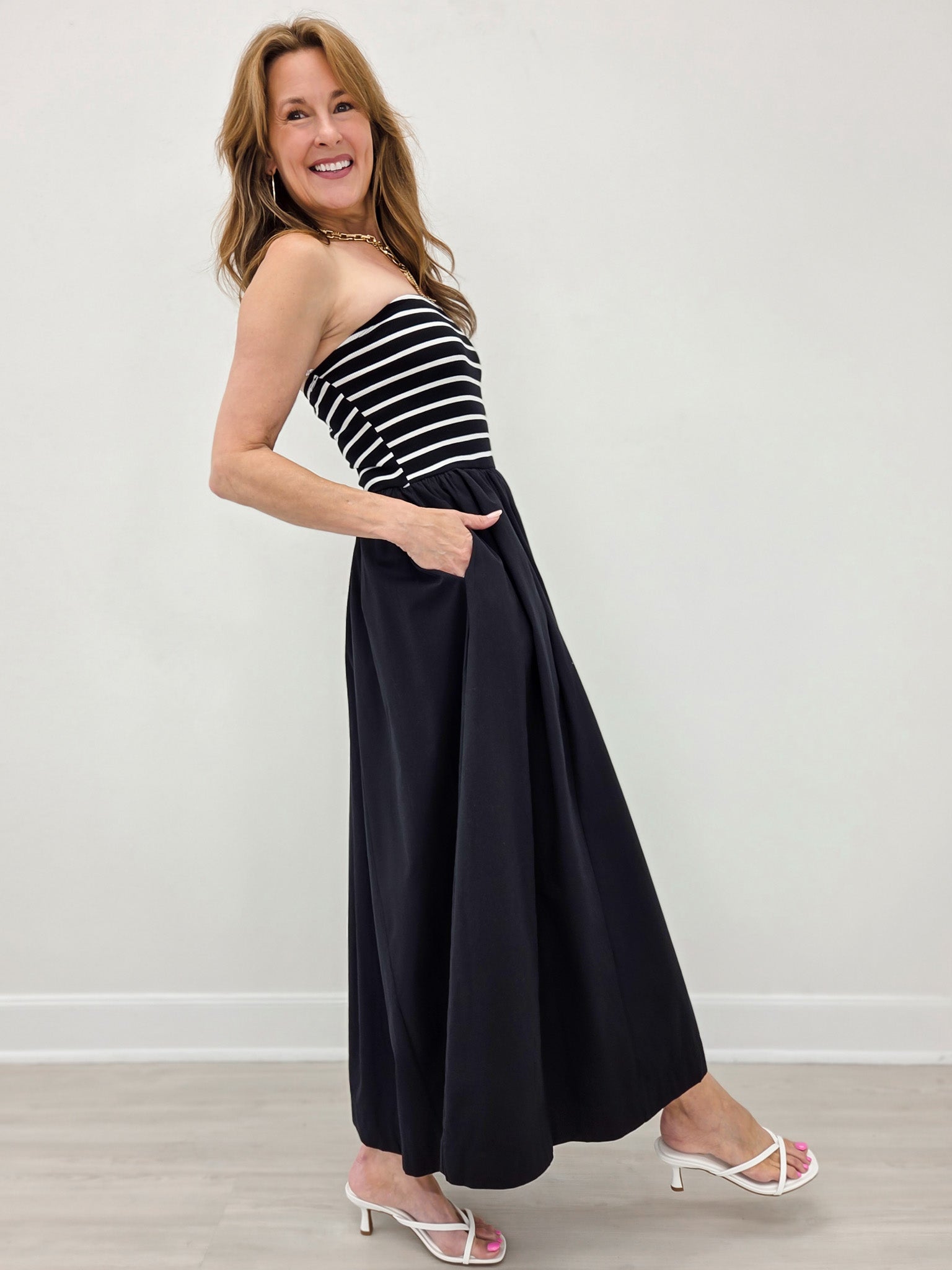 Striped Strapless Flowy Midi Dress