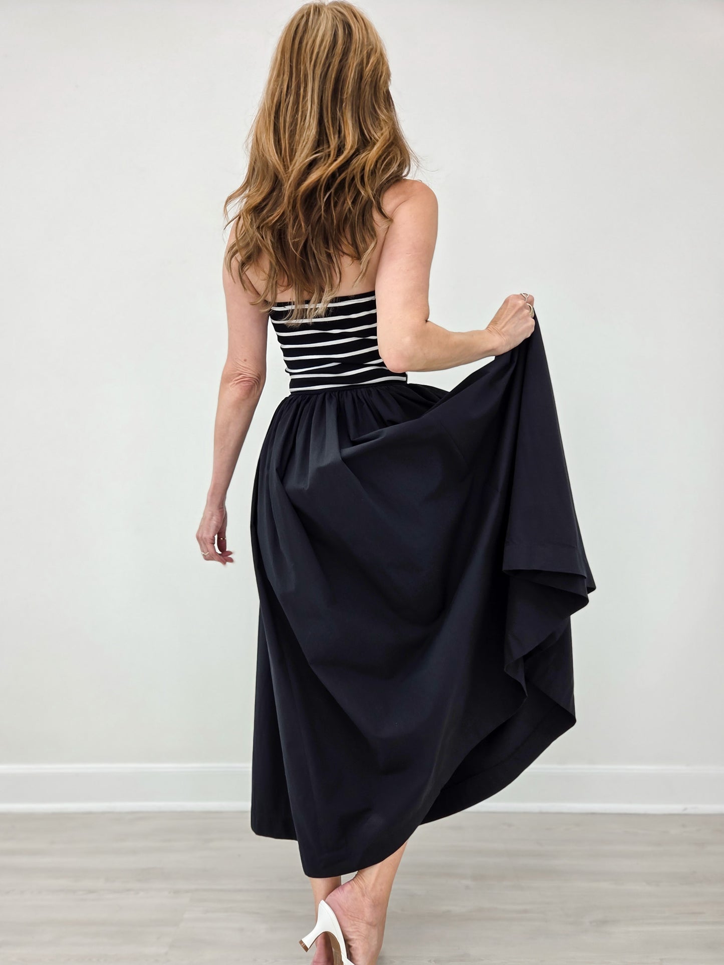 Striped Strapless Flowy Midi Dress