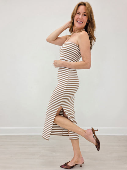 Strapless Striped Bodycon Midi Dress