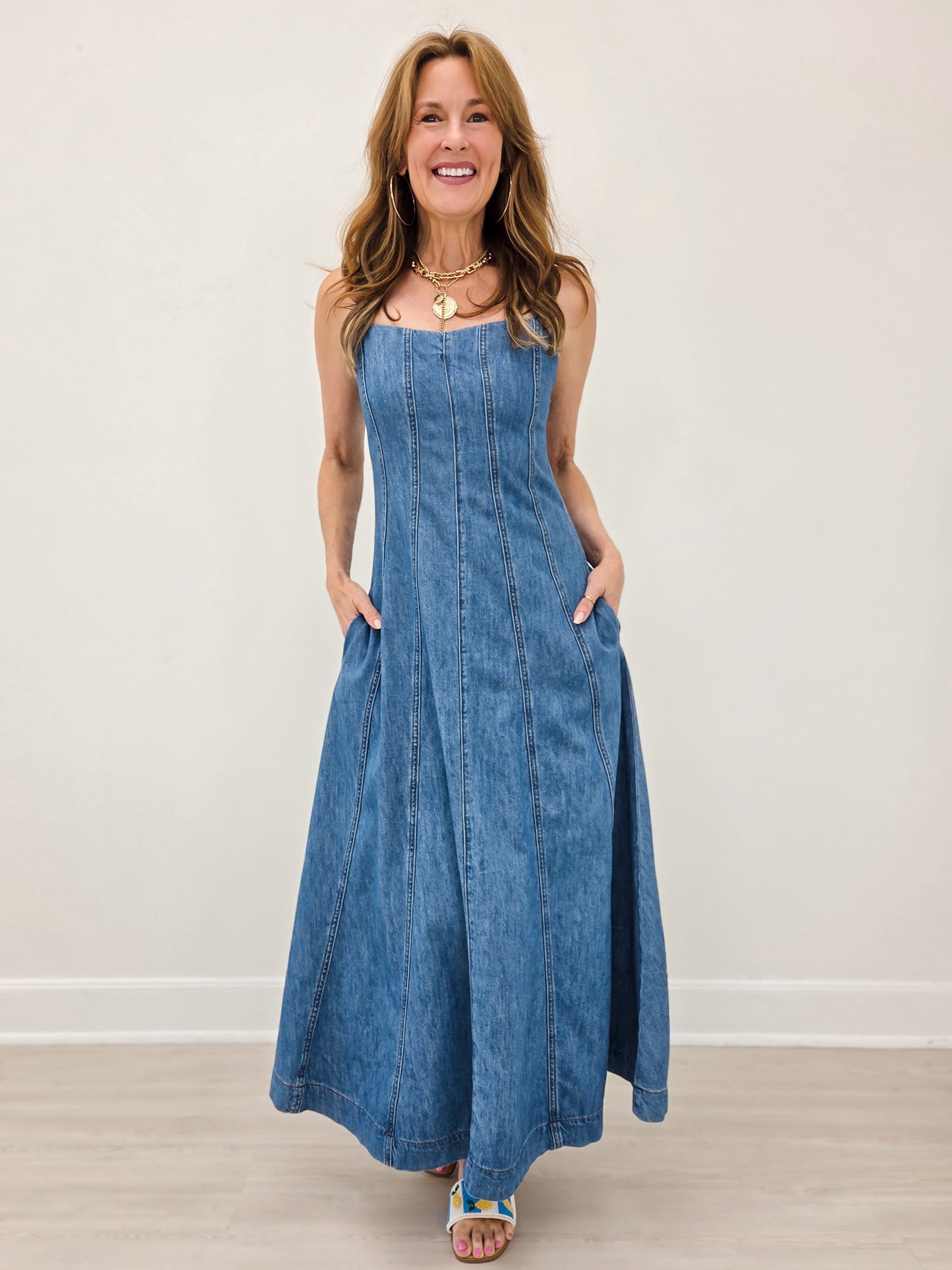 Paneled Maxi Washed Denim Dress
