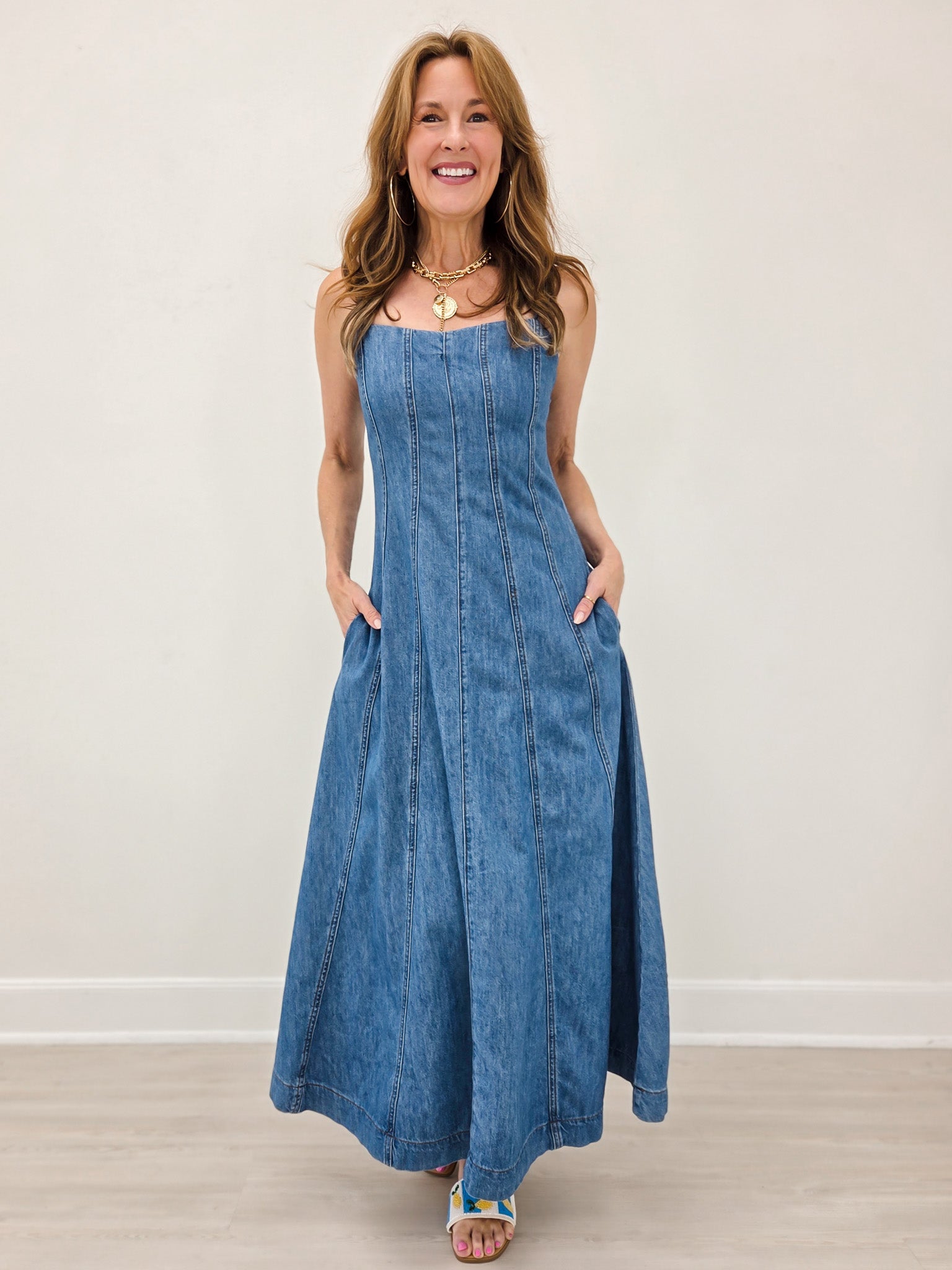 Paneled Maxi Washed Denim Dress