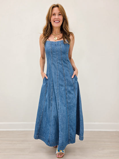 Paneled Maxi Washed Denim Dress