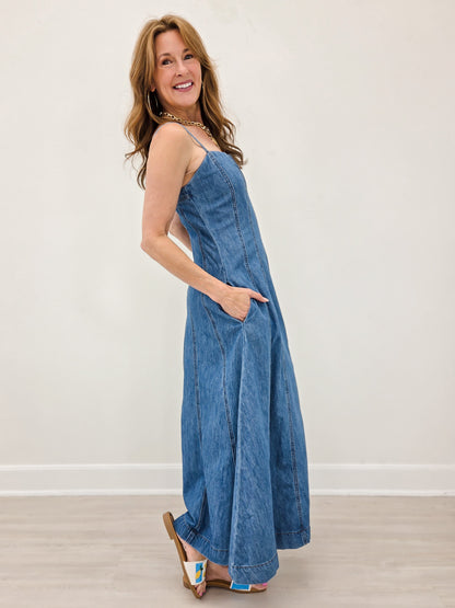 Paneled Maxi Washed Denim Dress