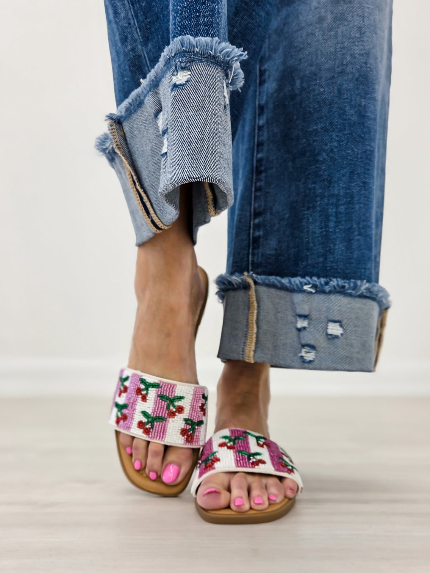 Beaded Cherry Embroidered Flat Slide Sandals