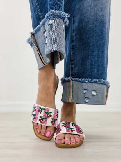 Beaded Cherry Embroidered Flat Slide Sandals