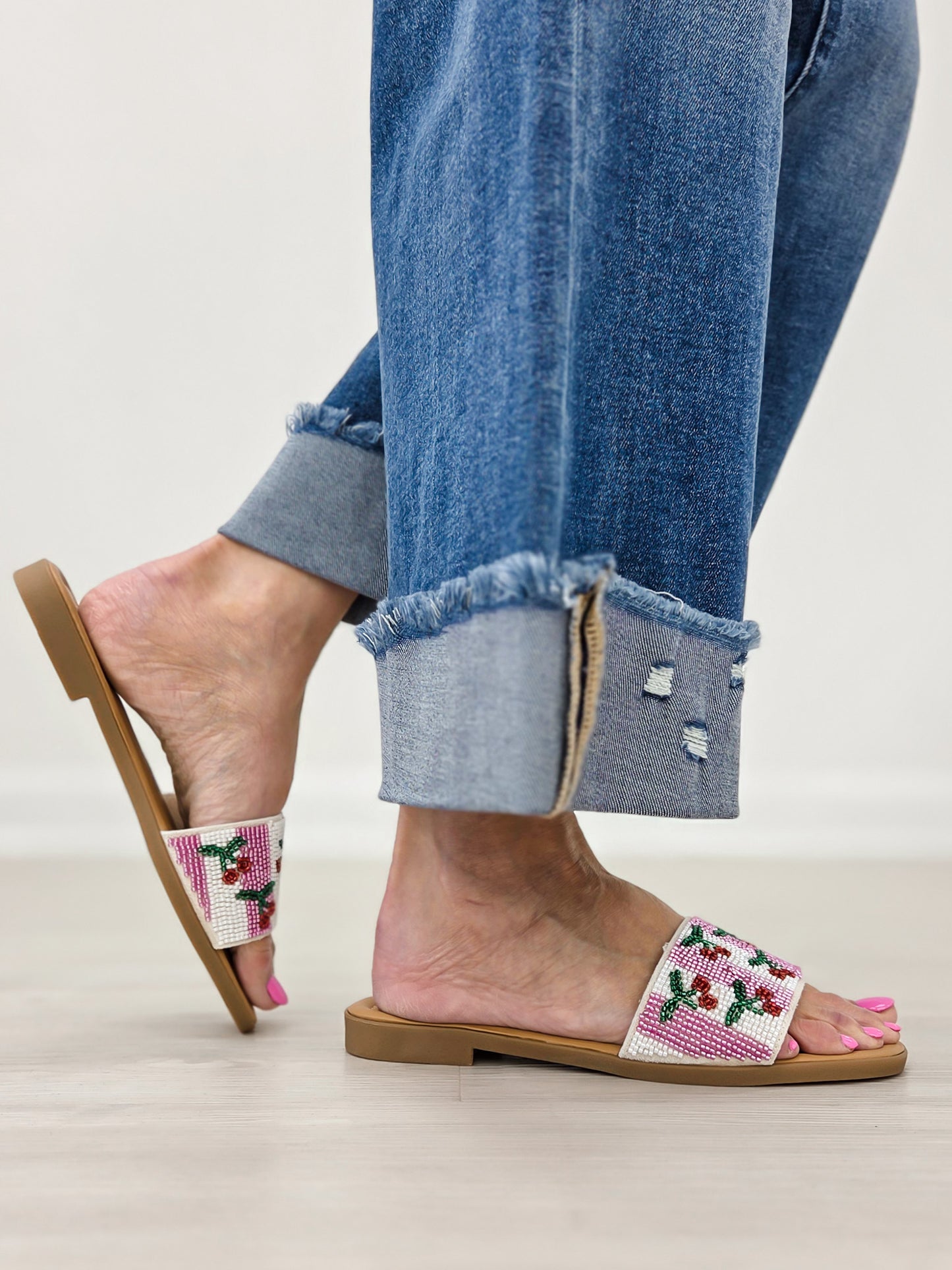 Beaded Cherry Embroidered Flat Slide Sandals