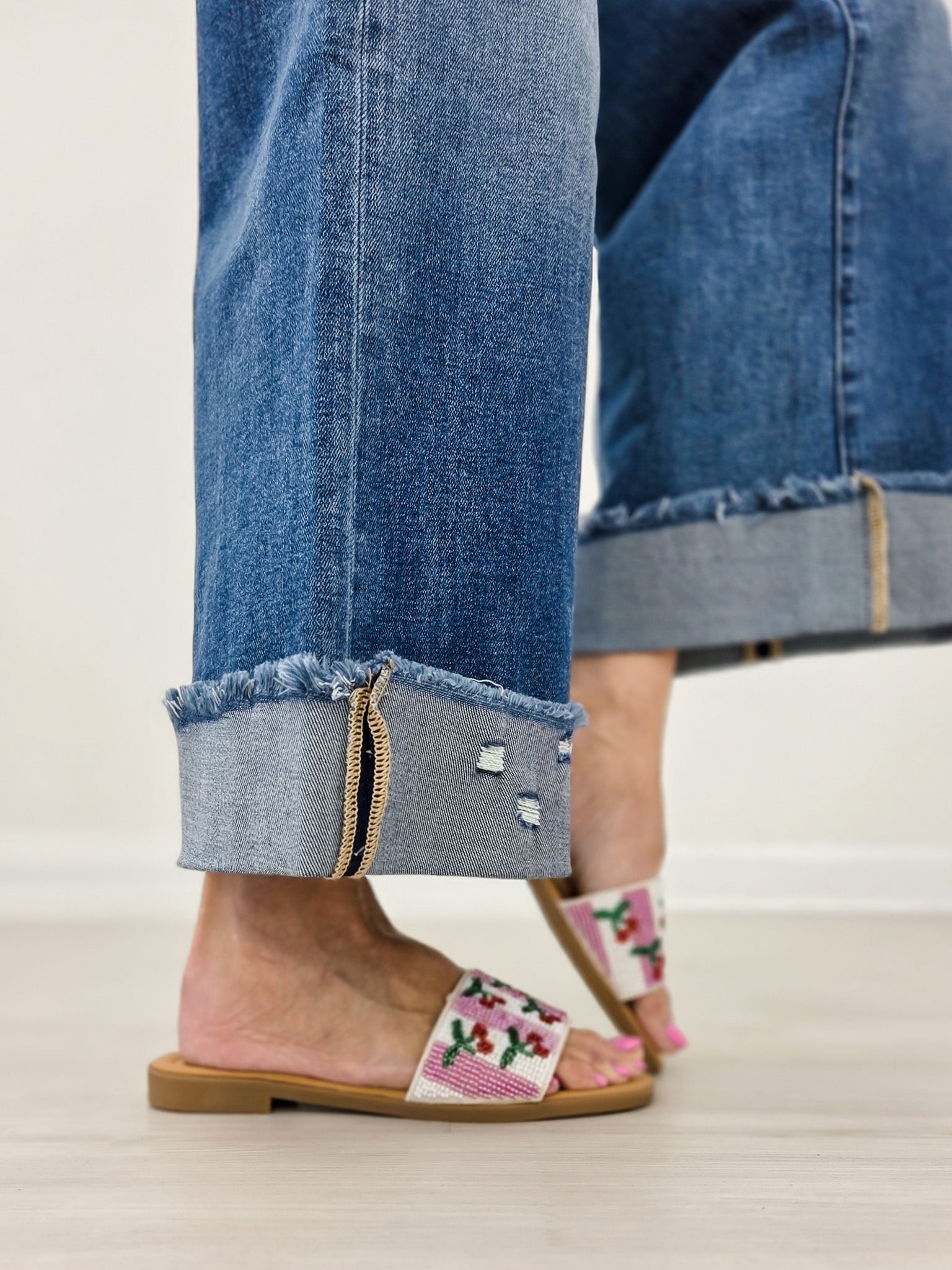 Beaded Cherry Embroidered Flat Slide Sandals