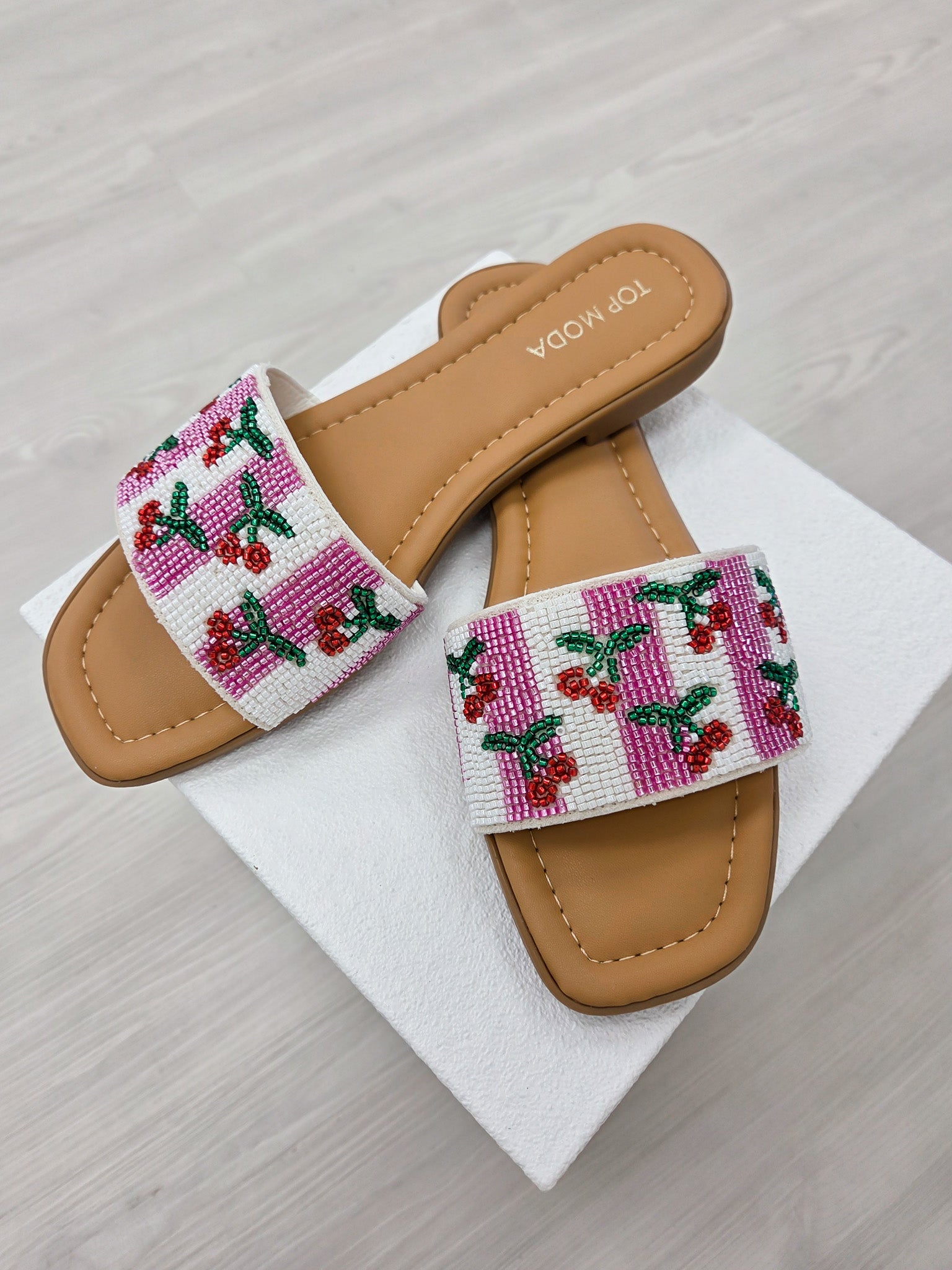 Beaded Cherry Embroidered Flat Slide Sandals