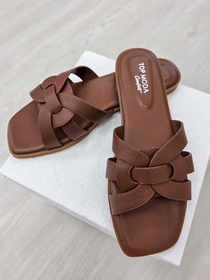 Woven Strap Square Toe Flat Sandals IN Brown