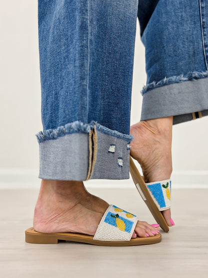 Beaded Lemon Embroidered Flat Slide Sandals