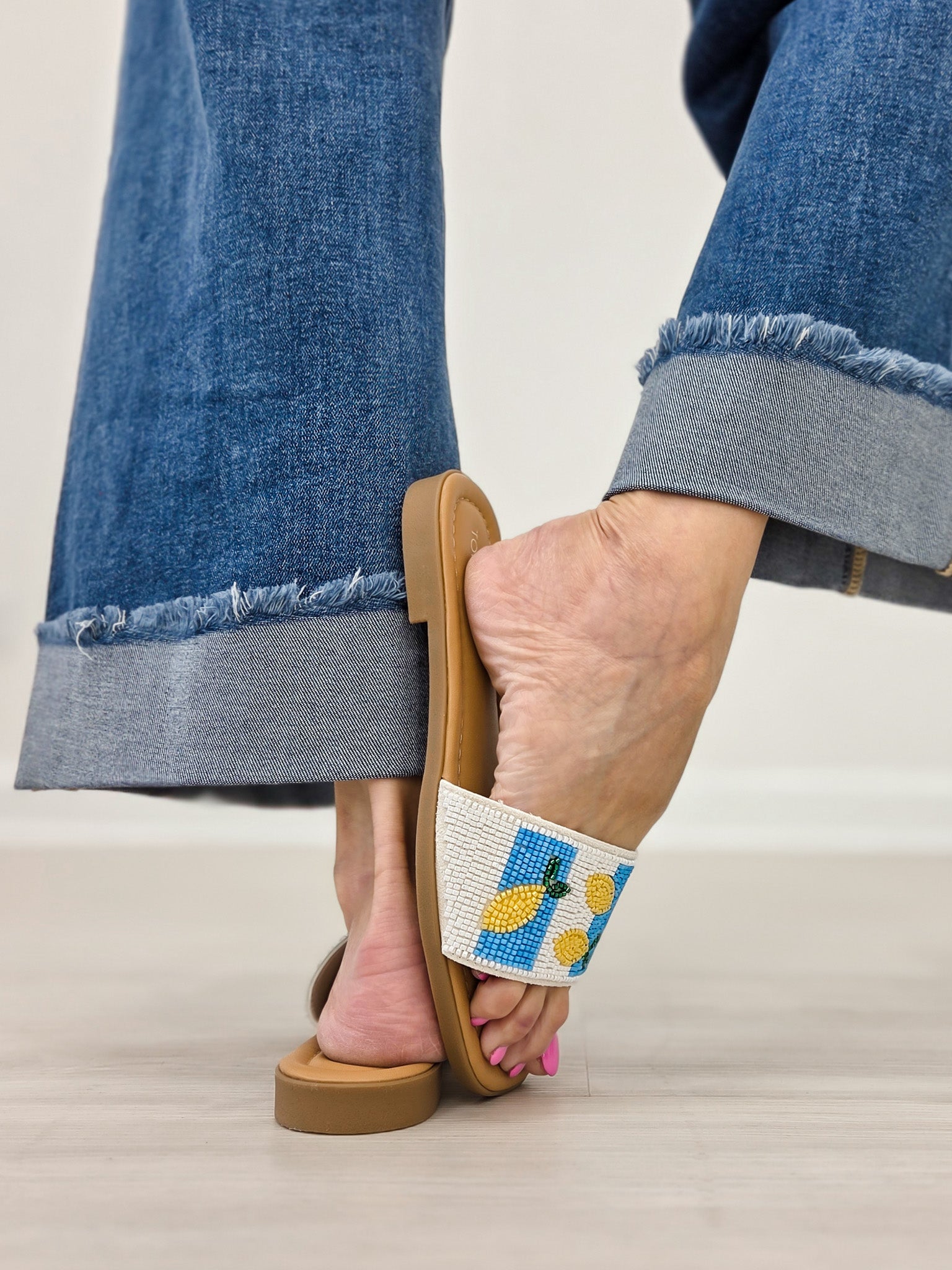 Beaded Lemon Embroidered Flat Slide Sandals